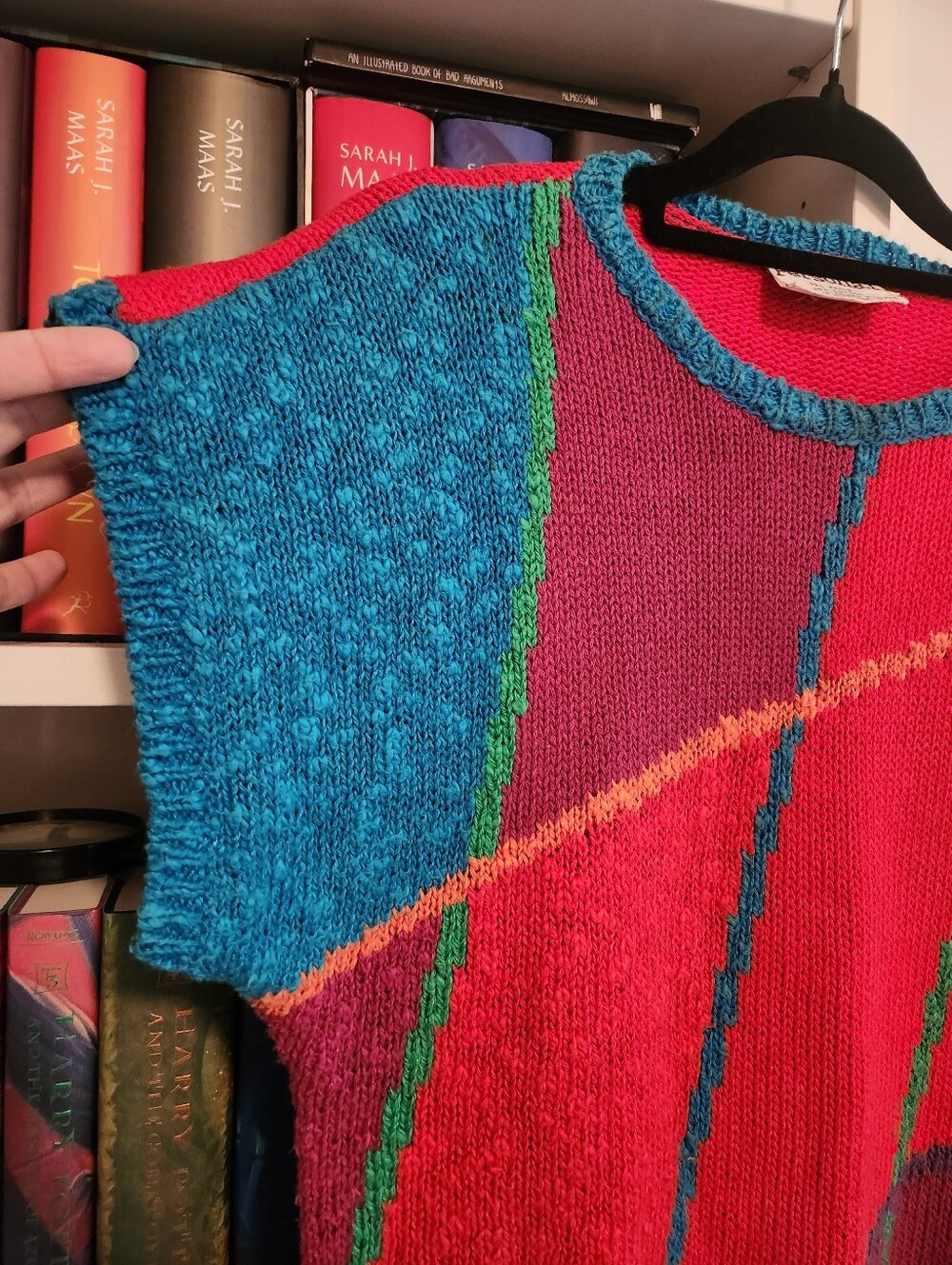 Vintage 80s Personal Colorblock Knit Sweater Sz M Bold Geometric Ramie Cotton - Picture 9 of 11